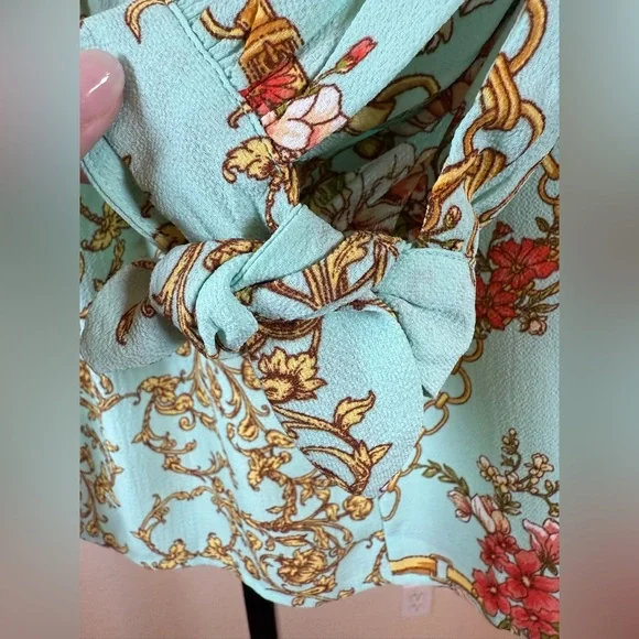 Fig & Flower Blouse Tie Sleeve Aqua Gold Anthropologie Cottagecore Spring Small - Picture 4 of 9